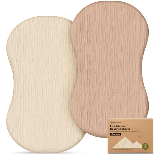 2pk Muslin Baby Bassinet Sheets Girls Boys 30x18 (Almond, Hourglass) | 100% Cotton Organic Bassinet Sheets, Compatible with Halo Bassinest Swivel Sleeper, Machine Washable Bassinet Mattress Sheets
