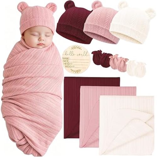 AQOKKA Newborn Receiving Blanket Wheat Ear Bear Ears Hat Mittens Set