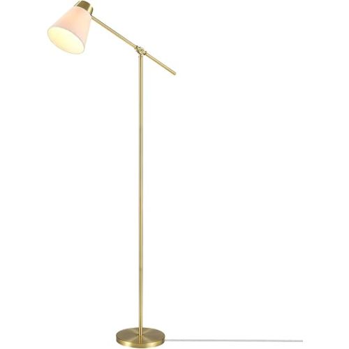 Globe Electric 69" Floor Lamp, Swing Arm, Matte Brass Plated, White Tapered Fabric Shade, On/Off Rotary Switch on Socket, 5-Foot Clear Cord, 1-Light, 40W E26/Medium Base Bulb