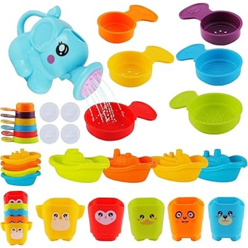 Baby Bath Toys for Kids Ages 1-3, 16 PCS Mold Free Bath Toys for Toddlers with Floating Boats,Watering Can,Water Cup Set& Bath Spoons, Bathtub Water Pool Toys for Babies and Toddlers