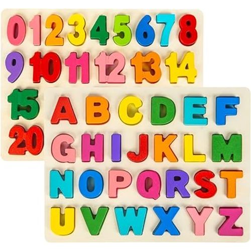 Attmu Wooden Puzzles for Toddlers, 2 Pcs Alphabet Puzzle ABC Shape Number Puzzle, Learning Toys for Kids, Preschool Educational Activities Toddler Gift Toys for Girls Boys Christmas Valentines Easter