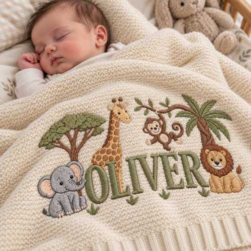 Personalized Embroidered Lion Baby Blanket Name - Custom Name Knit Giraffe Safari Newborn Gift, Gift for Baby Boy, Welcome Baby Blanket