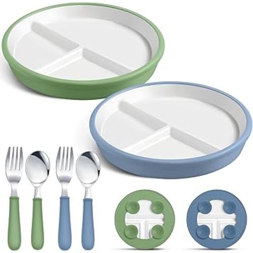 2 Pack 8" Large Porcelain Toddler Plates Feeding Set, Ceramic Kids Suction Plates with Anti Slip Silicone Sleeve for Baby 3 Spoons and Forks Divided Kids (Blue,Green)