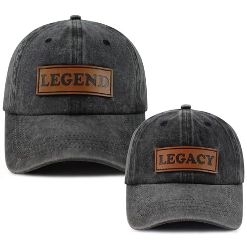 2PCS Legend and Legacy Baseball Cap for Dad Son, Adjustable Cotton Leather Patch Parent-Child Hat…
