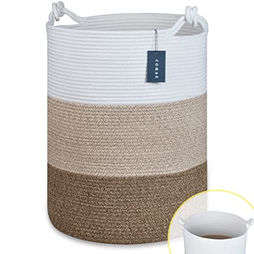 COMSE Tall Woven Blanket & Laundry Basket, 72L, White & Gradient Brown | 15.7”x 21.7”, Cotton Rope, Large Nursery Hamper for Storage of Toys Clothes Towels, Great for Living Rooms Bedrooms Bathrooms