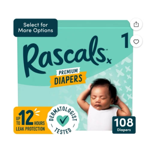 Rascals Premium Absorbent Baby Diapers Size 1, 108 Count, with 5 Sensitive Infant Wipes - Walmart.com