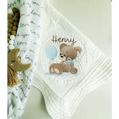 Personalized Baby Boy White Quilt: Teddy Bear Heirloom Blanket