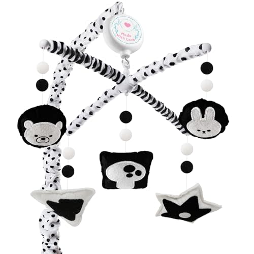 PIIKAGO Montessori Crib Mobile – High-Contrast Baby Mobile for Crib, Black and White Baby Crib Mobile with Upgraded 3-Mode Music Box, Visual Development Nursery Mobiles, Fits Standard Cribs