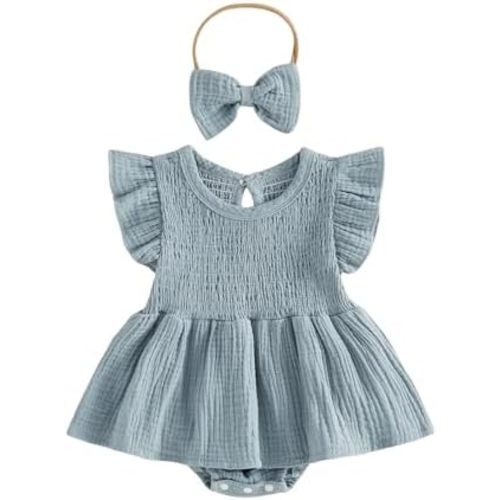 Baby Girl Clothes Smocked Romper Dress Flutter Sleeve Jumpsuit with Headband Cute Newborn Girls Summer Outfit