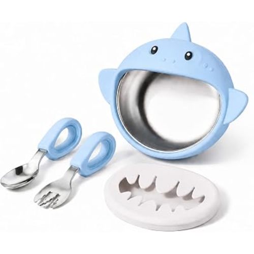 Silicone Suction Baby Bowl,Stainless Steel Insert,BPA-Free,Microwave & Dishwasher Safe,No-Spill Weaning Set with Spoon & Fork– Easy Clean,Self-Feeding Training for Toddlers (Baby Blue)
