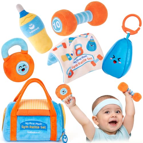 hahaland Baby Toys 6-12 Months - Baby Toys 3-6 Months Montessori Toy for 6 Month Old, Sensory Toy for Babies Workout Weights Dumbbell Toy Set with Soft Rattles Mirror, Babies Girl Boy Gifts