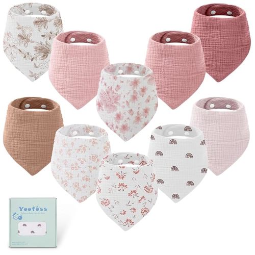 Yoofoss Muslin Baby Bibs 10 Pack 100% Organic Cotton 6-Layer Soft Absorbent Drool Bandana Baby Bibs for Drooling and Teething for Boys and Girls, Pink Flower