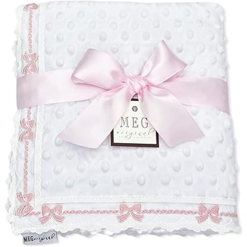MEG ORIGINAL Baby Girl Blanket - Heirloom Collection - White with Pink Bows, Super Soft Minky, Handmade in The USA (Crib (30 x 51))