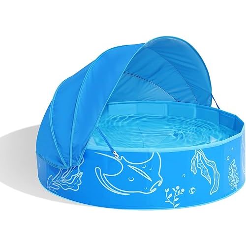 Foldable Kiddie Pool with Canopy: 47in Baby Pool and Beach Tent for Toddlers Infants 6-12 Months and Kids 2-4 Years Old - Portable Water Play with Shade for Outdoor Backyard Beach (Blue-Blue)