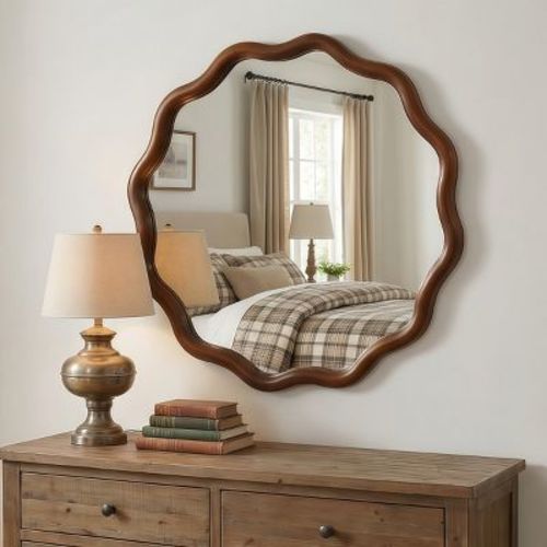 24" Round Wall Mirror, Walnut Wavy Wood Frame Accent Mirror, Decorative Vanity Mirror for Entryway, Bathroom, or Living Room-Panipeachy