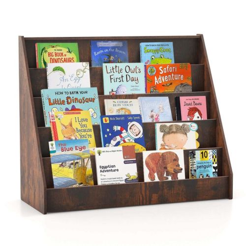 Costway 5 Tier Kids Bookshelf with Anti-Tipping Device Kids-friendly Height for Bedroom Brown