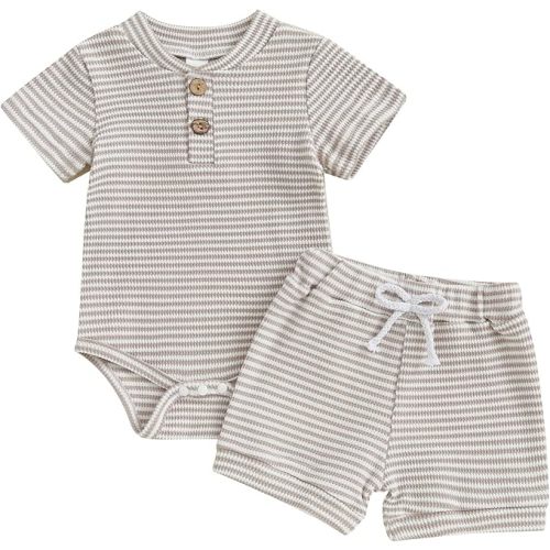 VISGOGO Baby Boy Shorts Set Newborn Infant Summer Outfit Striped Half Button-up Short Sleeve Bodysuit Elastic Waist Shorts
