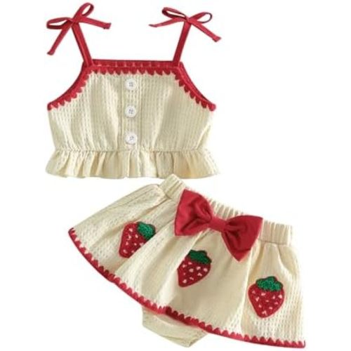 VISGOGO Baby Girl Clothes Summer Outfit Sleeveless Ruffle Hem Tops and Fruit Embroidery Skirt Set 3 6 9 12 18 24 Months