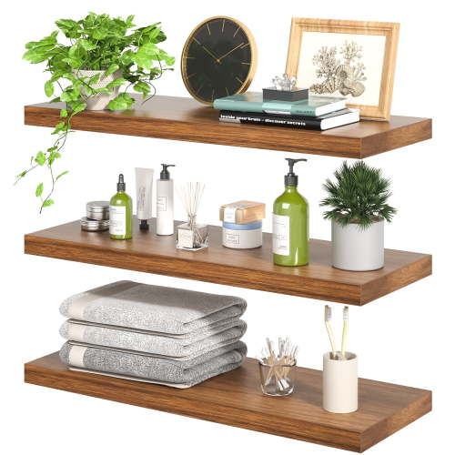 Cshidworld Floating Shelves Set of 3, 16" Bathroom Shelves Over Toilet with Invisible Brackets, Floating Shelf Wall Shelves with 22 lbs Capacity for Living Room/Bedroom/Kitchen/Office (Brown)