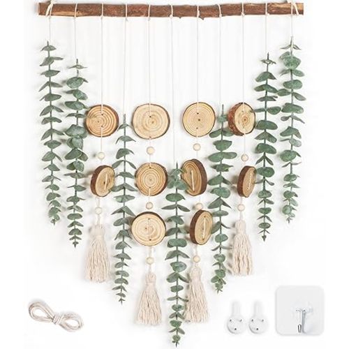 Artificial Eucalyptus Wall Hanging Decor - Fake Eucalyptus Greenery Leaves Stems Wall Hanging Plants with Wooden Stick Boho Rustic Farmhouse Decor for Bathroom Bedroom Office Living Room