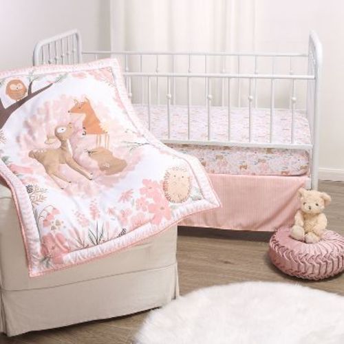 The Peanutshell Fairytale Forest Crib Bedding Set for Baby Girls, 3-Piece Nursery Set in Pink|White