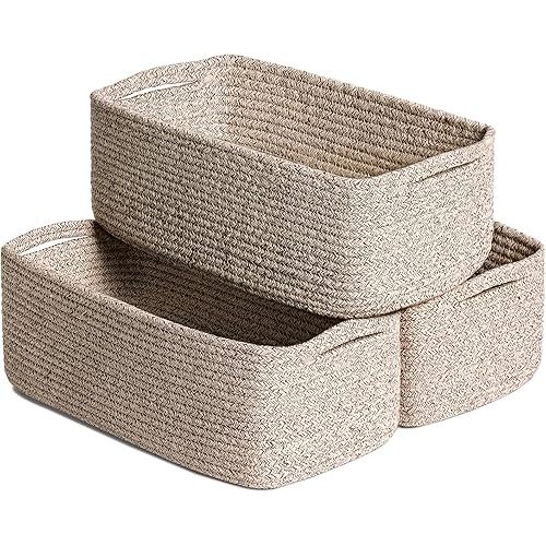 Goodpick Storage Baskets, 13 x 8 x 5 in, Closet Shelf Organizers for Gifts Empty Baskets for Shelves Dog Toy Basket Woven Baskets for Storage for Towels for Organizing 3 Pack, White & Brown