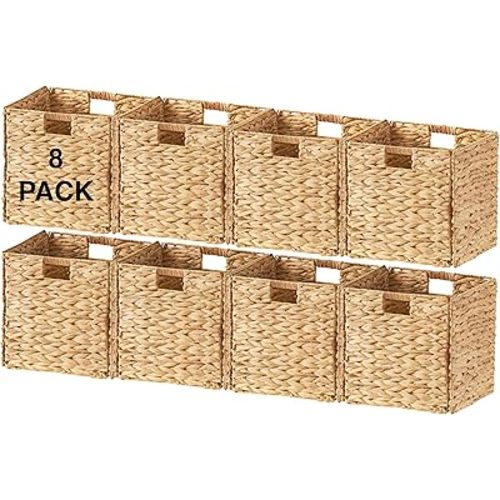 Ornavo Home 13 x 13 Inch Water Hyacinth Baskets Set of 8 – Handwoven Collapsible Wicker Storage Cube Bins with Handles for Bathroom, Bedroom, Laundry and Pantry - Natural