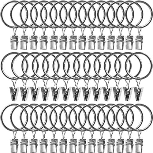 40 Pack Curtain Rings with Clips, Drapery Clips with Rings, Drapes Rings 1.26 in Interior Diameter, Fits up to 1 Inch Curtain Rod, Silver