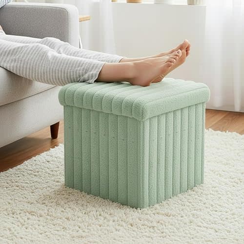 Wenqik Green Fluffy and Furry Storage Ottoman, Green Square Footrest Stool Small Ottoman with Storage Foldable for Living Room Bedroom, 15x15x13 Inch, Easy Assembly, Support 265lbs