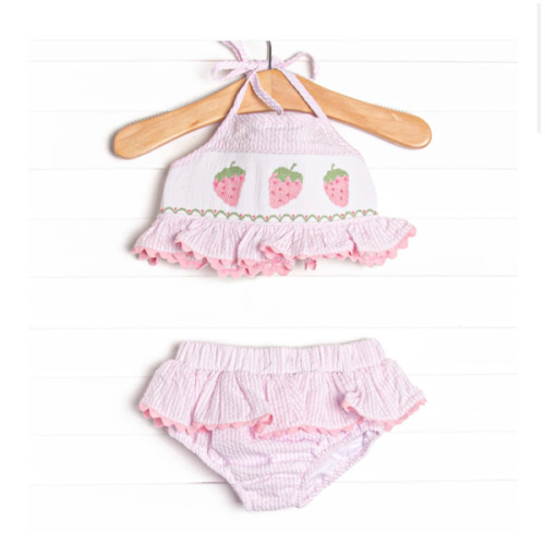 Strawberry Seersucker Smocked Bikini, Pink – Stitchy Fish