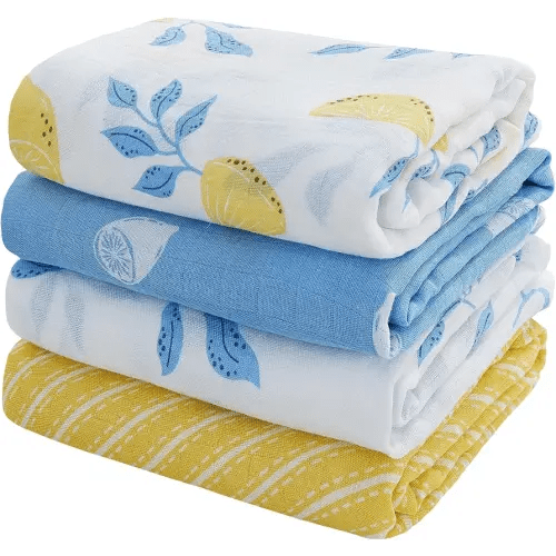 Viviland Muslin Swaddle Blankets, Swaddle Wrap for Boys and Girls, Breathable and Skin-Friendly Baby Receiving Blankets, Baby Essentials, 4-Pack Lemon & Leaves, 47 x 47 inches