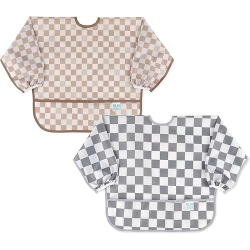 Bumkins - Sleeved Bib -For Boys & Girls, Babies & Toddlers 6-24 Months - Lightweight, Durable, Waterproof - Long Sleeve Bib - Catch-All Pocket - Wipeable & Machine Washable -Beige & Gray Check -2 Pack