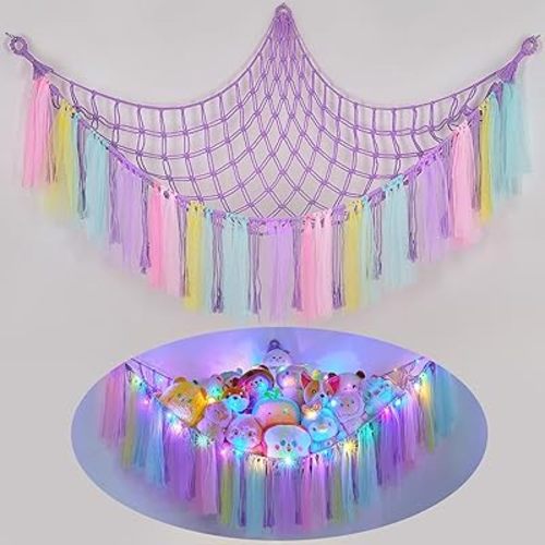 FIOBEE Stuffed Animals Net or Hammock with LED Light, Toy Hammock Hanging Stuffed Animals Storage Organizer Holder Room Décor for Nursery Kids Bedroom