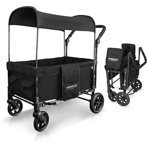 WONDERFOLD W1 Original Stroller Wagon (2 Seater) - Collapsible Wagon Stroller with Seats with 5-Point Harnesses, Adjustable Push Handle, and Sun Canopy, Jet Black