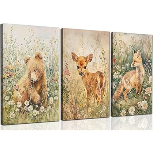 VOIKRTJX Woodland Animal Nursery Wall Art Forest Animal Nursery Painting Wall Decor Boys Room Nursery Picture Prints Wild Animals Bear Deer Fox Canvas Artwork for Boys Girls Room Playroom 12x16 Inch