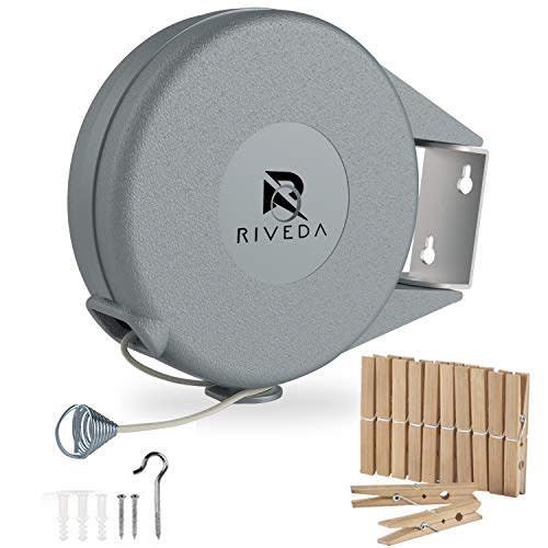 Retractable Clothesline - Portable Heavy Duty Indoor and Outdoor Washing Line - 45 Feet PVC Retracting Clothes Line with Wall Mount Hang The Wet Dry Clothing Laundry - Easy Installation (Grey)