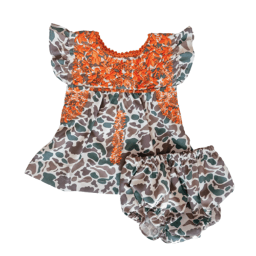 New Camo Puebla Bloomer Set With Orange Stitching