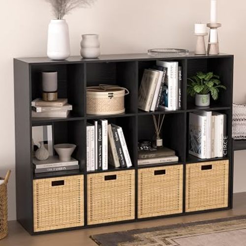 Wooden 12 Cube Storage Organizer with Closed Back Panel,Black Cube Shelf Cubby Storage Organizer with Compartments for Living,Bookshelf, Easy to Install (Black, 12-Cube-11in)