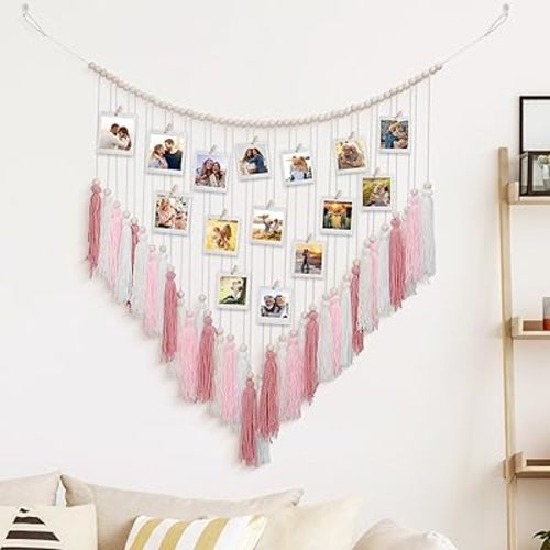 Luxbrand Warm Pink Wall Haning with Wood Bead Tassel Pendant Décor, Hanging Photo Display Wall Décor Boho Room Bedroom Décor, Mother's Day Gifts for Mom, Birthday Gifts for Women