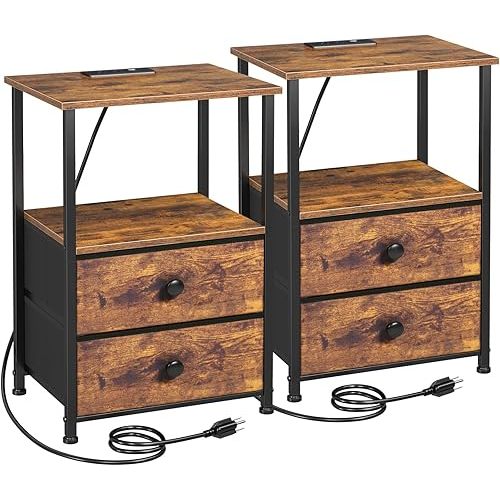 Night Stand Set 2, Nightstand with Charging Station, End Tables with Storage Shelf for Small Spaces, Bedside Table Side Tables with 2 Fabric Drawers for Bedroom, Rustic Brown, HETS020PBR