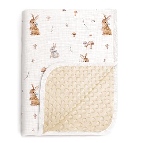 lulumoon Baby Blankets for Newborn Unisex: Thermal Minky Dotted Backing with Bunny Print - Muslin Receiving Blanket for Baby Essential & Registry Gift 30"x40"(Bunny)