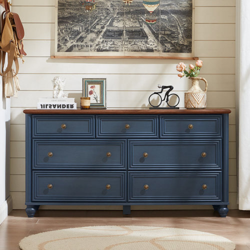 August Grove® 7 Drawers Dresser For Bedroom, Farmhouse 54" Wide Wood Dressers Chest Of Drawers, Vintage Design TV Stand, Rustic Storage Dresser Organizer With Metal Handle Closet For Living Room, Hallway | Wayfair