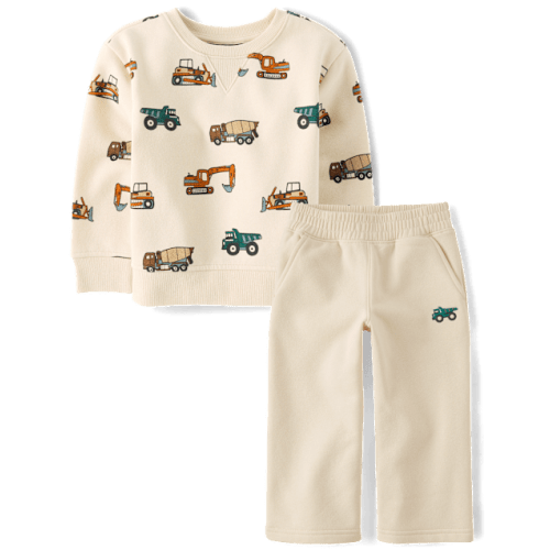 Baby And Toddler Boys Construction Vehicle Premium Fleece 2-Piece Outfit Set - Cream