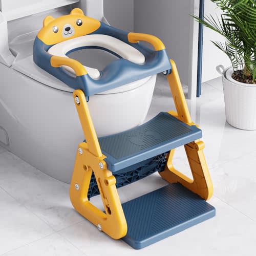 Orzbow 2-IN-1 Potty Training Seat with Step Stool, Height Adjustable Toilet Seat for Toddler, Potty Training with Splash Guard for Kids Boys Girls, Stability Ladder and Anti-Slip Pad, Yellow