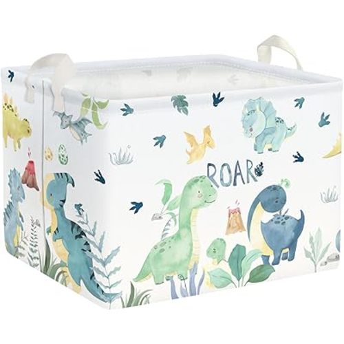 Clastyle Adorable Watercolors Green Dinosaur Shelf Basket Volcano Palm Leaf Collapsible Storage Bin Rectangle Clothes Books Toy Storage Cube, 36L