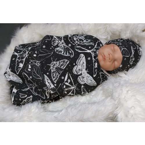 Goth Baby Swaddle,Witchy White Moths Blanket + Headband or Hat,Heavy Metal Baby,Death Moth Blanket,Paint Splatter Print,Fantasy Baby