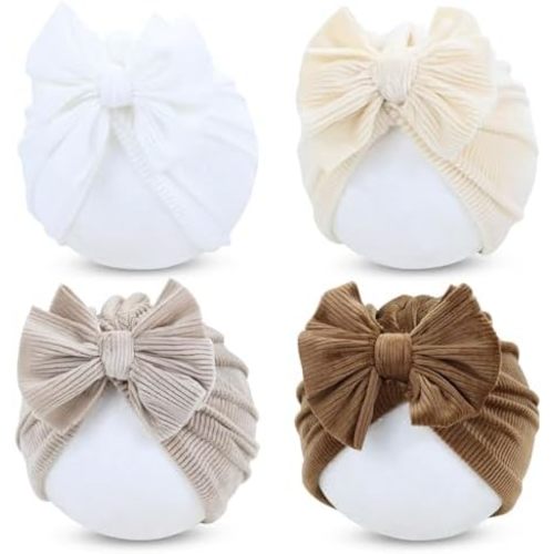 Cinaci 4 Pieces Baby Girls Turban Hats with Bow Newborn Hospital Caps Bonnets Beanies Headwraps for Infants Toddlers
