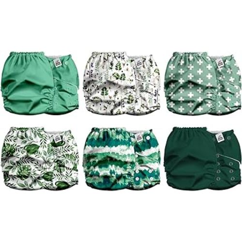 Mama Koala 2.0 Cloth Diapers for Babies with AWJ Lining, 6 Pack with 6 Bamboo Cloth Diaper Inserts - Reusable and Washable Pocket Diapers (Sage Green)