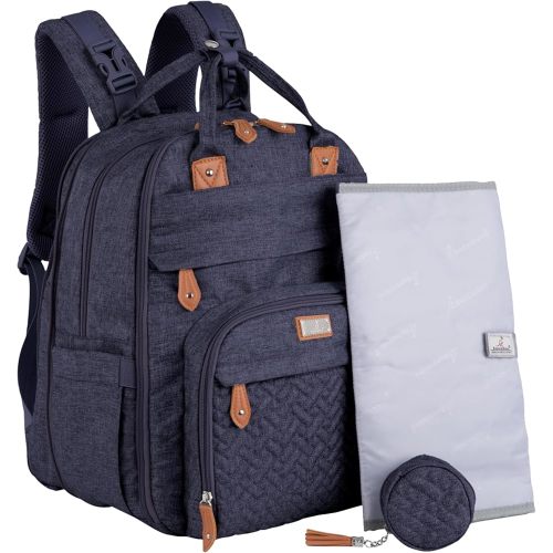 BabbleRoo Extra Large Diaper Bag Backpack, Expandable Baby Bag with Up to 50% More Capacity - Travel Essentials Baby Bag Tote with Changing Pad, Stroller Straps & Pacifier Case - Unisex, Denim Blue