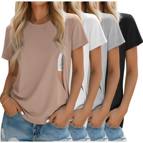 4 Pack Women's Nursing Breastfeeding Shirts with Zipper Loose Fit Short Sleeve Maternity Top Nursing Clothes